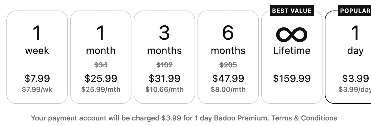 Badoo Premium Pricing & Payment Options